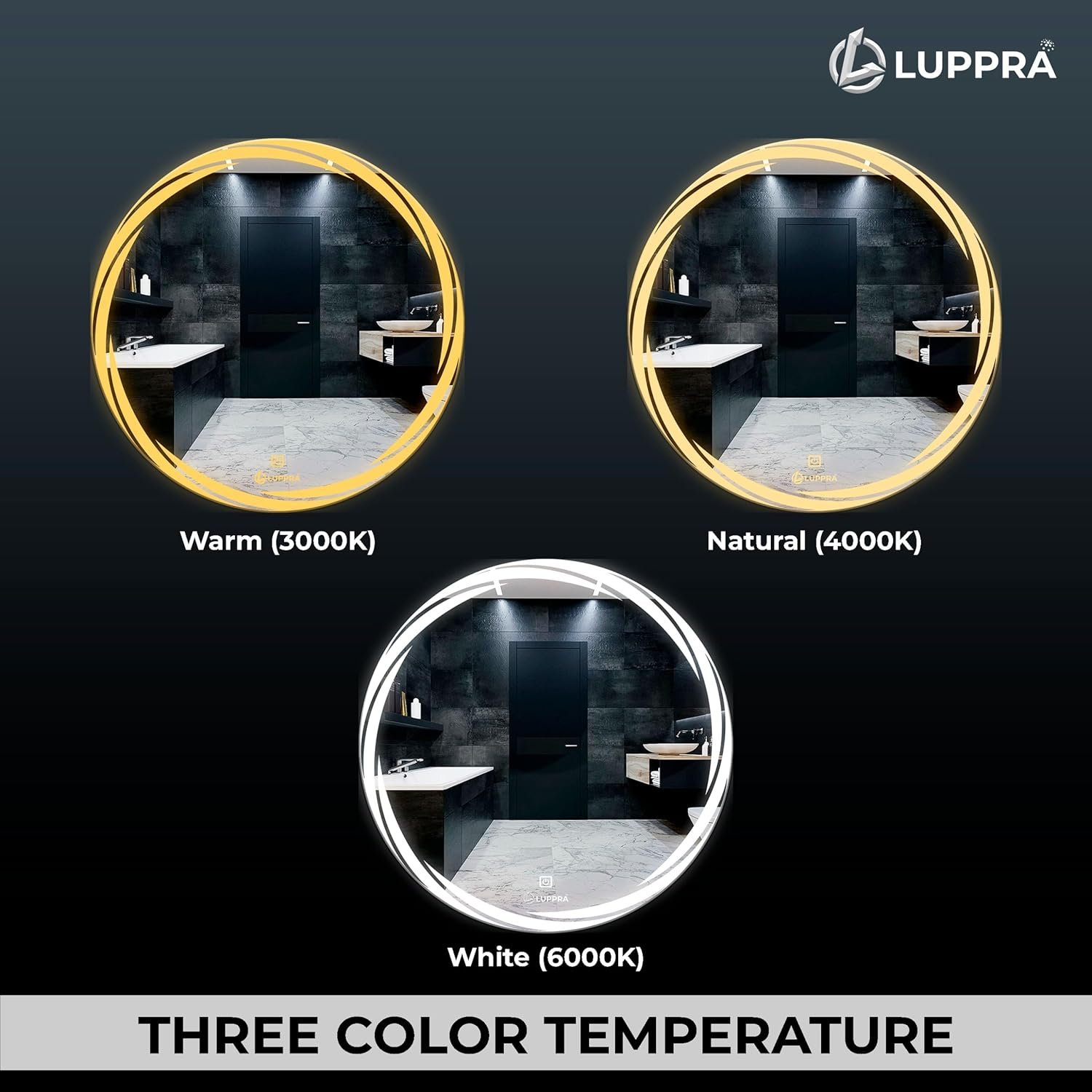 LUPPRA Round  Inch Wall-Mounted LED Mirror with Smart Sensor and 3-Color Light (Warm, White, Natural) | Light, Wash Basin Wall, Fancy Washbasin,Smart LED Design