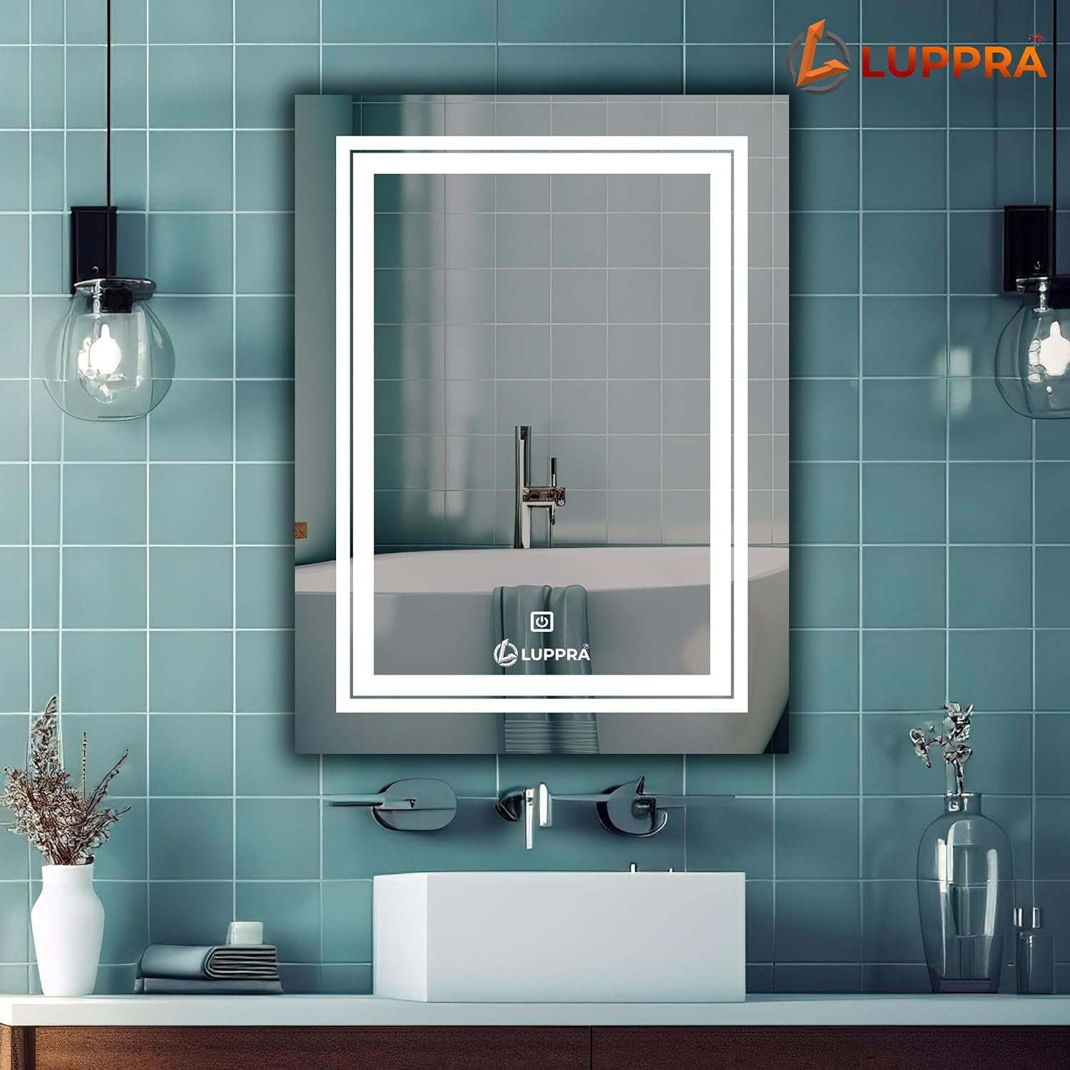 8 LUPPRA Glass Rectangular 18x24 Inch Wall-Mounted LED Mirror with Smart Sensor and 3-Color Light (Warm, White, Natural) | Mirror Light, Wash Basin Wall and Fancy Washbasin Mirror,Smart LED D